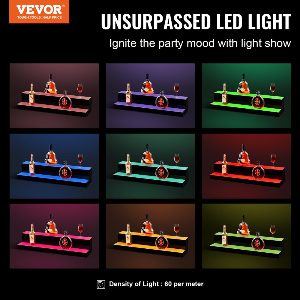 VEVOR LED Lighted Liquor Bottle Display, 2 Tiers 30 Inch Commercial Illuminated Home Bar Shelf, 2 Steps Whiskey Rack Stand, Acrylic Drink Shelves with RF Remote & App Control, and Multicolor lighting