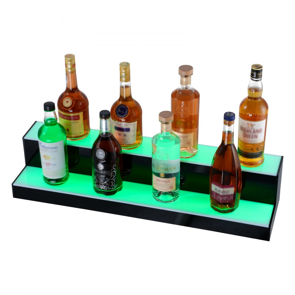 VEVOR LED Lighted Liquor Bottle Display, 2 Tiers 30 Inch Commercial Illuminated Home Bar Shelf, 2 Steps Whiskey Rack Stand, Acrylic Drink Shelves with RF Remote & App Control, and Multicolor lighting