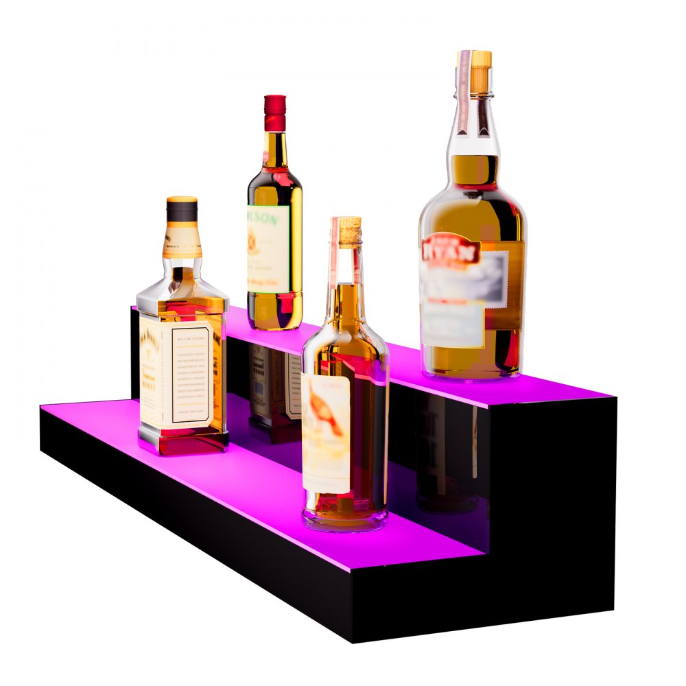 VEVOR LED Lighted Liquor Bottle Display, 2 Tiers 30 Inch Commercial Illuminated Home Bar Shelf, 2 Steps Whiskey Rack Stand, Acrylic Drink Shelves with RF Remote & App Control, and Multicolor lighting