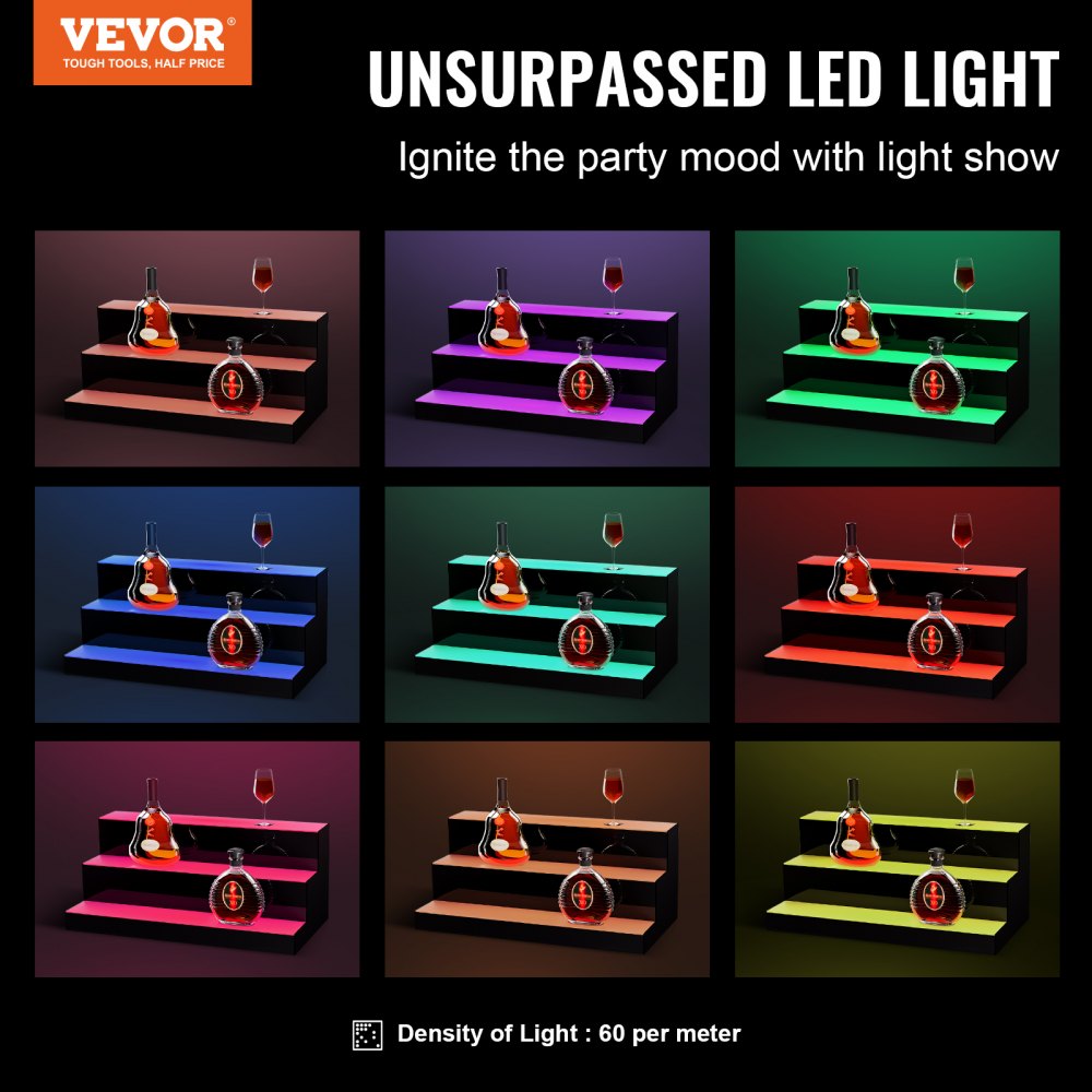 VEVOR LED Lighted Liquor Bottle Display, 3 Tiers 24 Inch Commercial Illuminated Home Bar Shelf, 3 Steps Whiskey Rack Stand, Acrylic Drink Shelves with RF Remote & App Control, and Multicolor lighting
