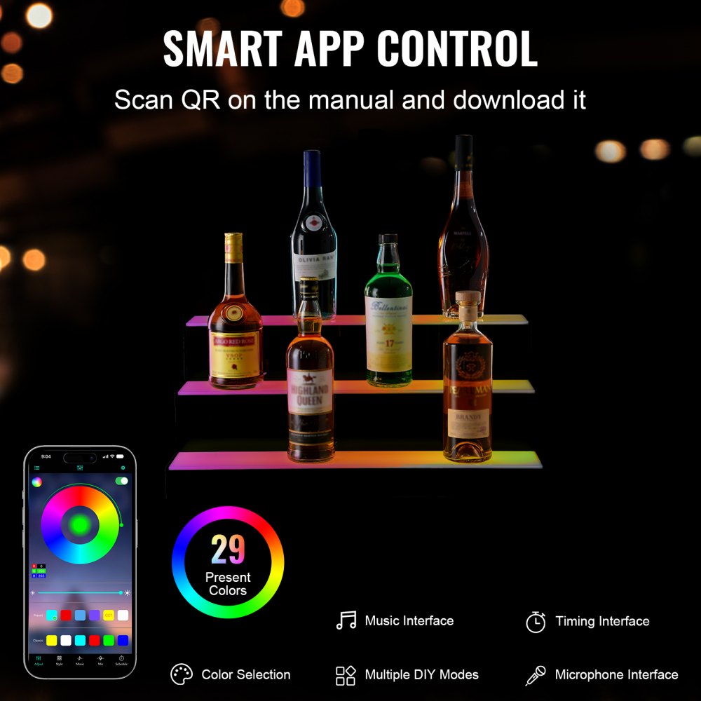 VEVOR LED Lighted Liquor Bottle Display, 3 Tiers 24 Inch Commercial Illuminated Home Bar Shelf, 3 Steps Whiskey Rack Stand, Acrylic Drink Shelves with RF Remote & App Control, and Multicolor lighting