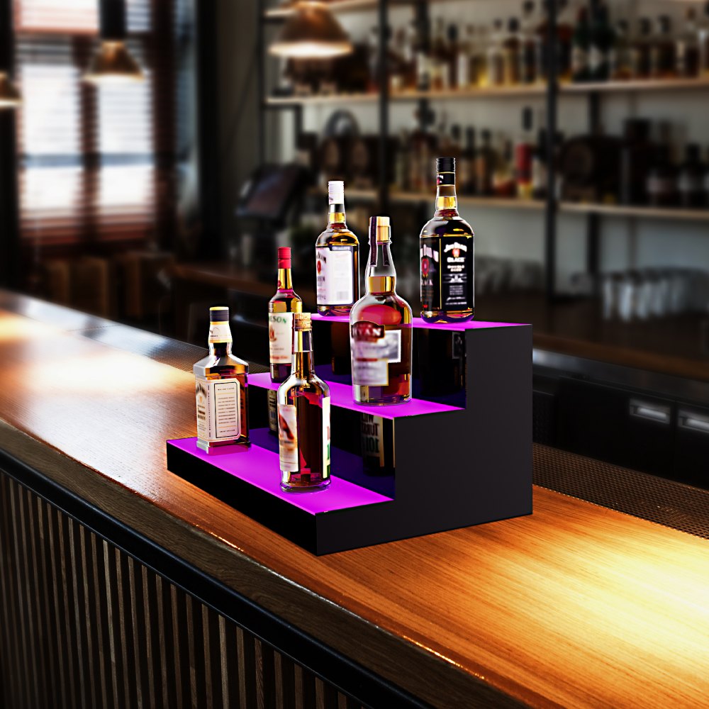 VEVOR LED Lighted Liquor Bottle Display, 3 Tiers 24 Inch Commercial Illuminated Home Bar Shelf, 3 Steps Whiskey Rack Stand, Acrylic Drink Shelves with RF Remote & App Control, and Multicolor lighting