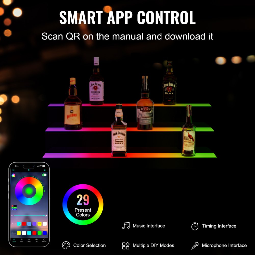 VEVOR LED Lighted Liquor Bottle Display, 3 Tiers 30 Inch Commercial Illuminated Home Bar Shelf, 3 Steps Whiskey Rack Stand, Acrylic Drink Shelves with RF Remote & App Control, and Multicolor lighting
