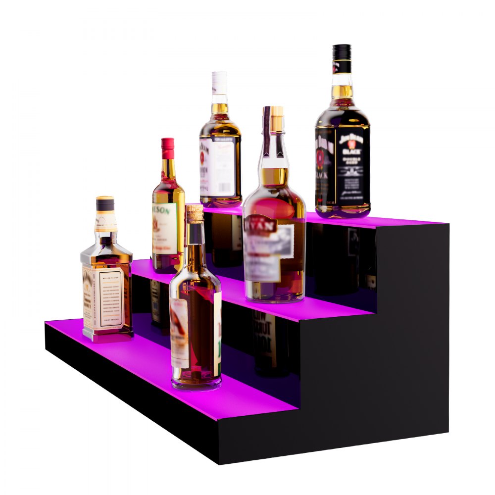 VEVOR LED Lighted Liquor Bottle Display, 3 Tiers 30 Inch Commercial Illuminated Home Bar Shelf, 3 Steps Whiskey Rack Stand, Acrylic Drink Shelves with RF Remote & App Control, and Multicolor lighting