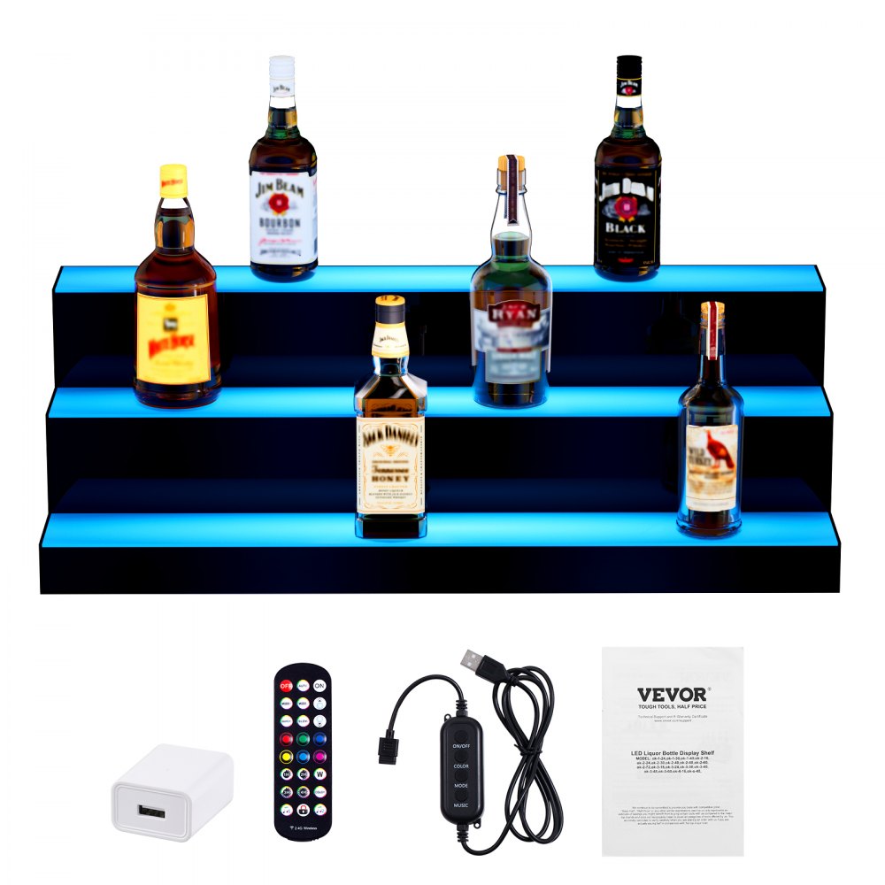 VEVOR LED Lighted Liquor Bottle Display, 3 Tiers 30 Inch Commercial Illuminated Home Bar Shelf, 3 Steps Whiskey Rack Stand, Acrylic Drink Shelves with RF Remote & App Control, and Multicolor lighting