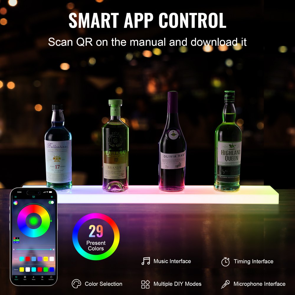 VEVOR LED Lighted Liquor Bottle Display, 1 Tier 30 Inch Wall Mounted Whiskey Rack Stand, 1 Step Commercial Illuminated Home Bar Shelf, Acrylic Drinks lighting Shelves with RF Remote & App Control