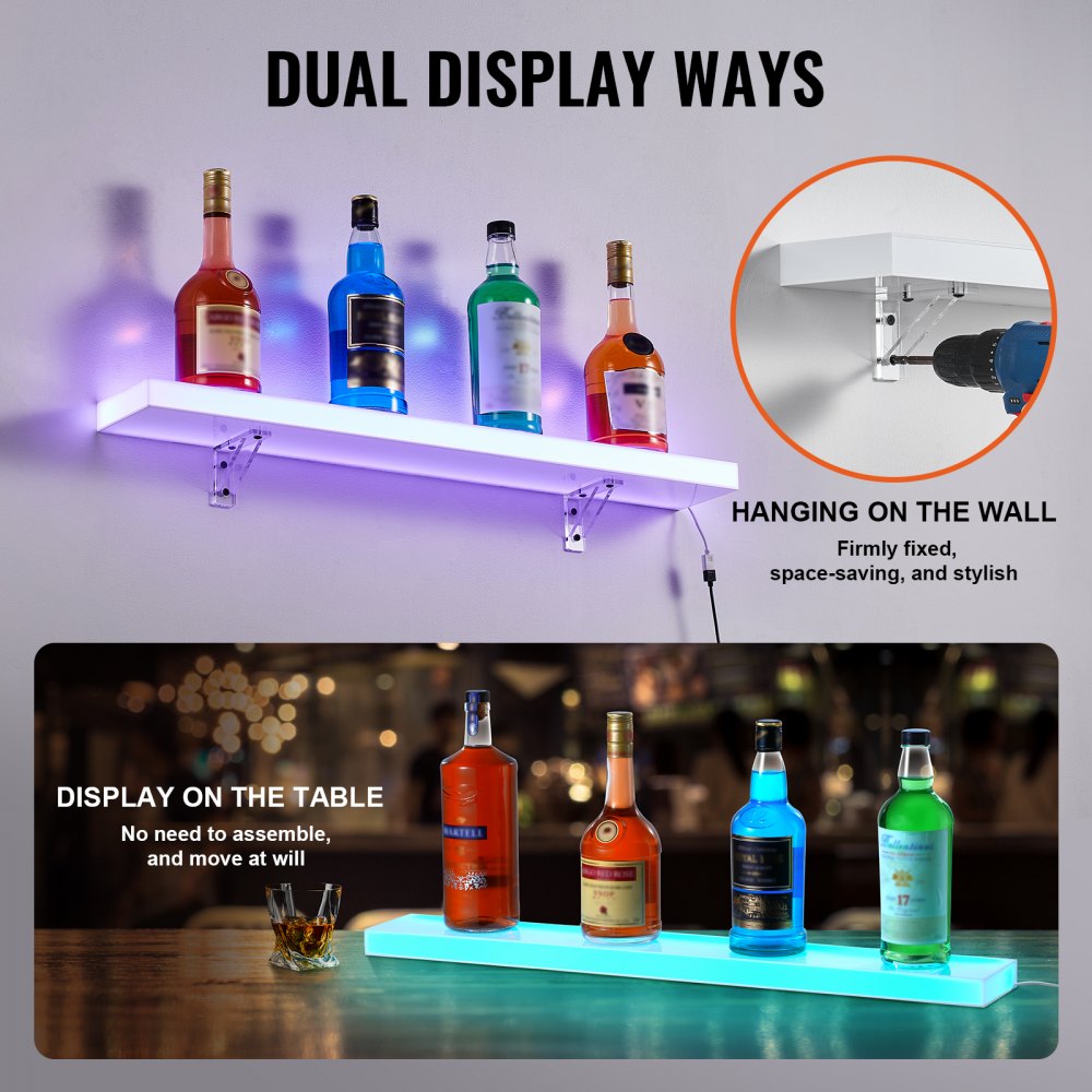 VEVOR LED Lighted Liquor Bottle Display, 1 Tier 30 Inch Wall Mounted Whiskey Rack Stand, 1 Step Commercial Illuminated Home Bar Shelf, Acrylic Drinks lighting Shelves with RF Remote & App Control