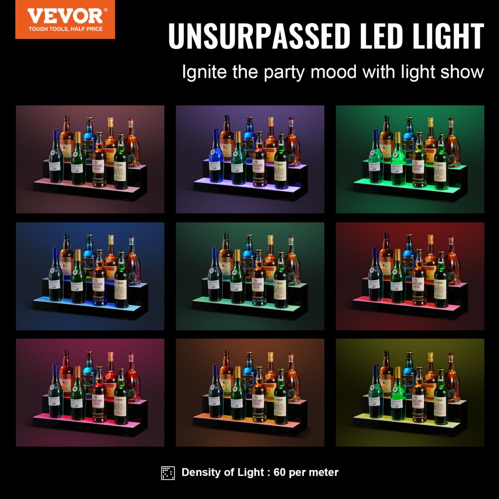 VEVOR LED Lighted Liquor Bottle Display, 2 Tiers 24 Inch Commercial Illuminated Home Bar Shelf, 2 Steps Whiskey Rack Stand, Acrylic Drink Shelves with RF Remote & App Control, and Multicolor lighting