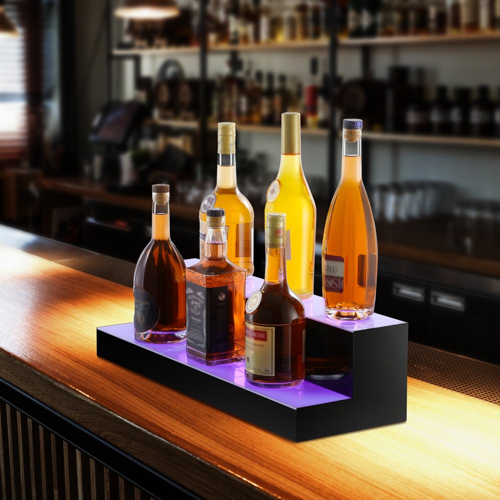 VEVOR LED Lighted Liquor Bottle Display, 2 Tiers 24 Inch Commercial Illuminated Home Bar Shelf, 2 Steps Whiskey Rack Stand, Acrylic Drink Shelves with RF Remote & App Control, and Multicolor lighting