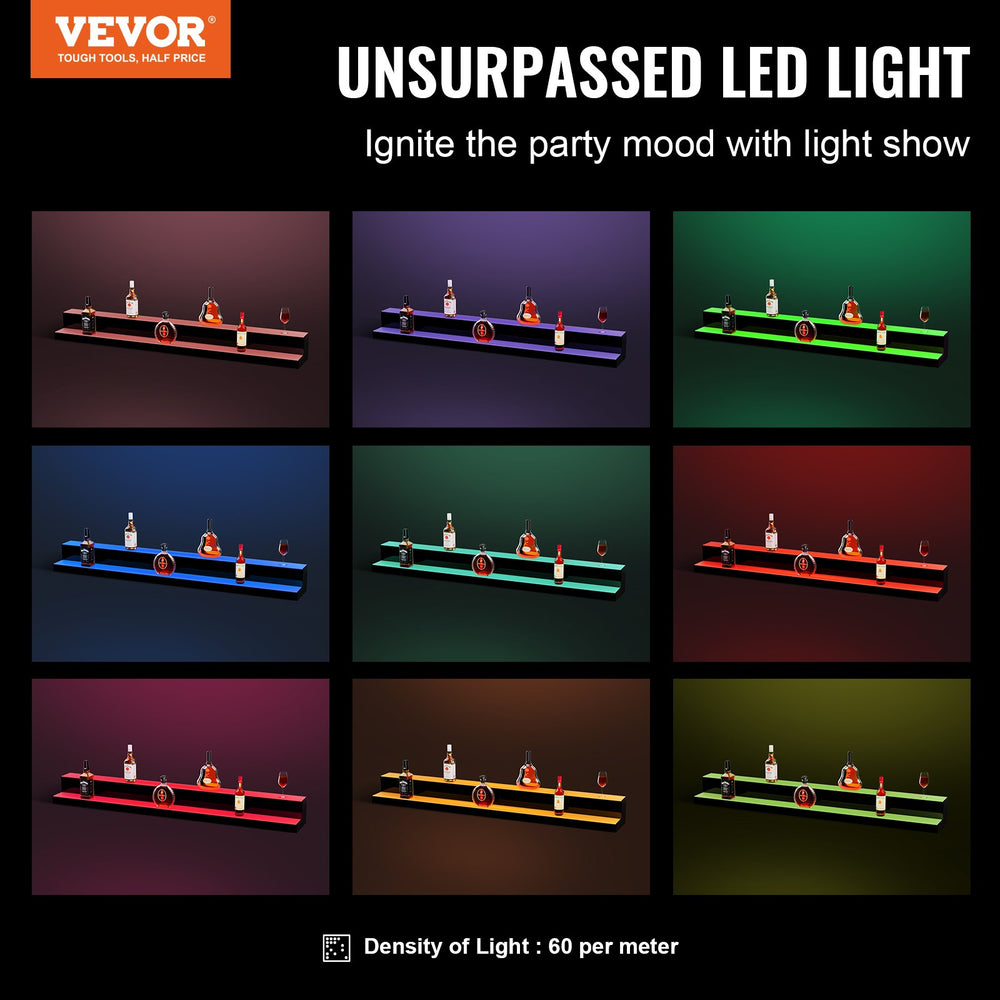 VEVOR LED Lighted Liquor Bottle Display, 2 Tiers 60 Inch Commercial Illuminated Home Bar Shelf, 2 Steps Whiskey Rack Stand, Acrylic Drink Shelves with RF Remote & App Control, and Multicolor lighting