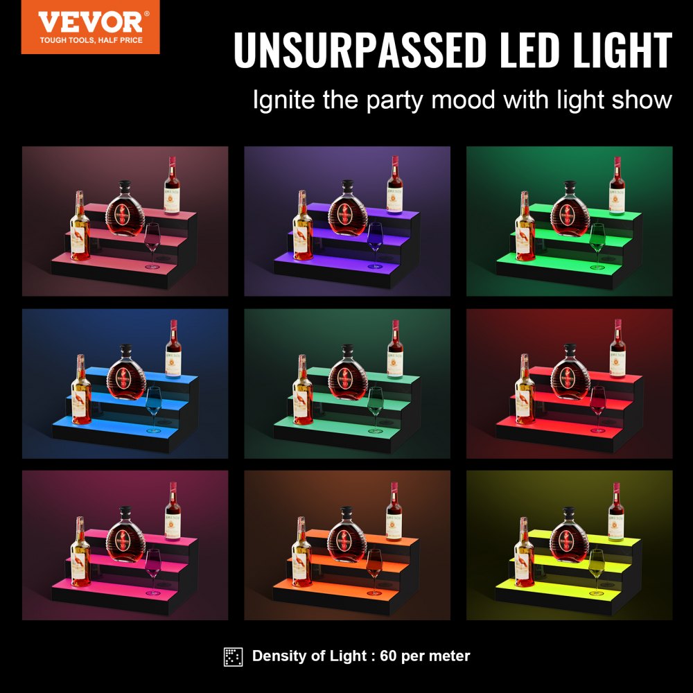 VEVOR LED Lighted Liquor Bottle Display, 3 Tiers 16 Inch Commercial Illuminated Home Bar Shelf, 3 Steps Whiskey Rack Stand, Acrylic Drink Shelves with RF Remote & App Control, and Multicolor lighting