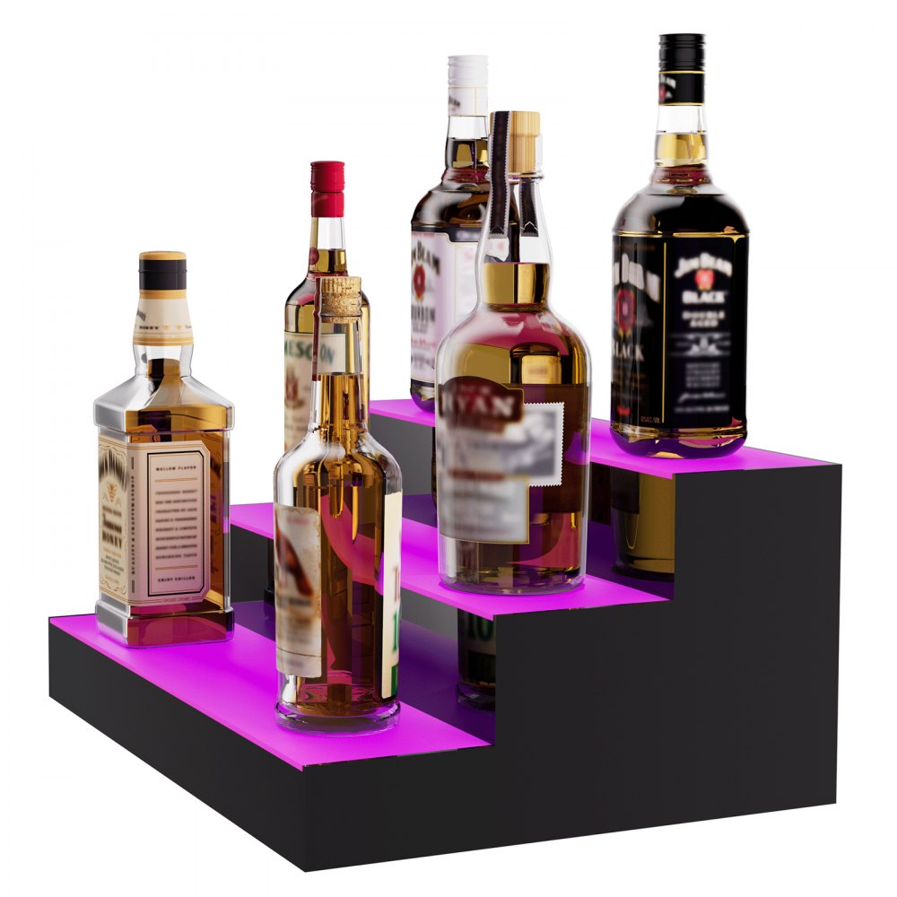 VEVOR LED Lighted Liquor Bottle Display, 3 Tiers 16 Inch Commercial Illuminated Home Bar Shelf, 3 Steps Whiskey Rack Stand, Acrylic Drink Shelves with RF Remote & App Control, and Multicolor lighting