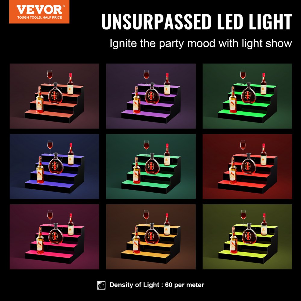 VEVOR LED Lighted Liquor Bottle Display, 4 Tiers 16 Inch Commercial Illuminated Home Bar Shelf, 4 Steps Whiskey Rack Stand, Acrylic Drink Shelves with RF Remote & App Control, and Multicolor lighting