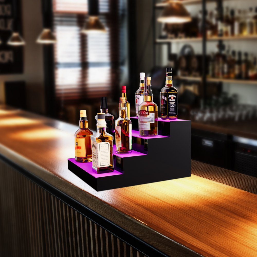VEVOR LED Lighted Liquor Bottle Display, 4 Tiers 16 Inch Commercial Illuminated Home Bar Shelf, 4 Steps Whiskey Rack Stand, Acrylic Drink Shelves with RF Remote & App Control, and Multicolor lighting