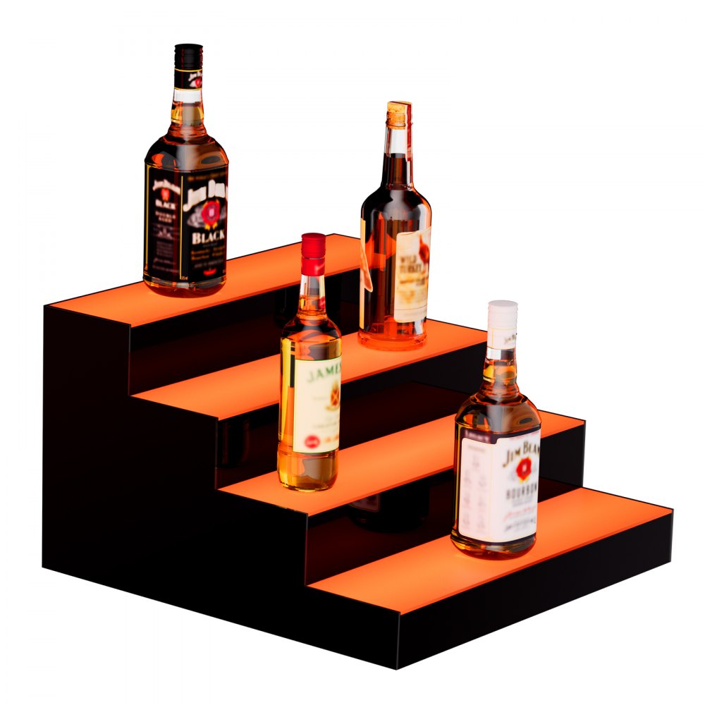 VEVOR LED Lighted Liquor Bottle Display, 4 Tiers 16 Inch Commercial Illuminated Home Bar Shelf, 4 Steps Whiskey Rack Stand, Acrylic Drink Shelves with RF Remote & App Control, and Multicolor lighting