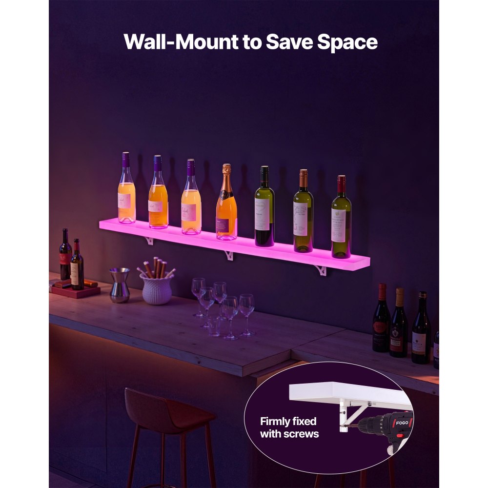 VEVOR LED Lighted Liquor Bottle Display, 1-Tier 48 Inches Whiskey Rack, Supports USB, Illuminated Home Bar Shelf with RF Remote & App Control, 7 Static Colors, Acrylic Lighted Shelf for 12 Bottles