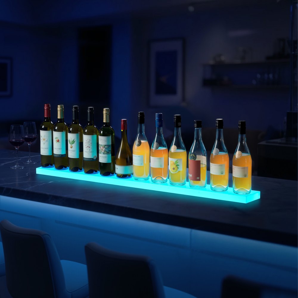 VEVOR LED Lighted Liquor Bottle Display, 1-Tier 48 Inches Whiskey Rack, Supports USB, Illuminated Home Bar Shelf with RF Remote & App Control, 7 Static Colors, Acrylic Lighted Shelf for 12 Bottles