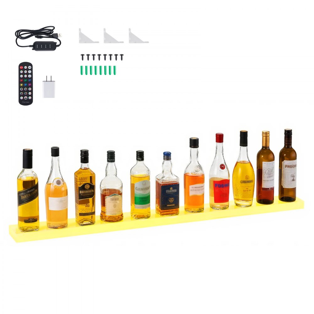 VEVOR LED Lighted Liquor Bottle Display, 1-Tier 48 Inches Whiskey Rack, Supports USB, Illuminated Home Bar Shelf with RF Remote & App Control, 7 Static Colors, Acrylic Lighted Shelf for 12 Bottles