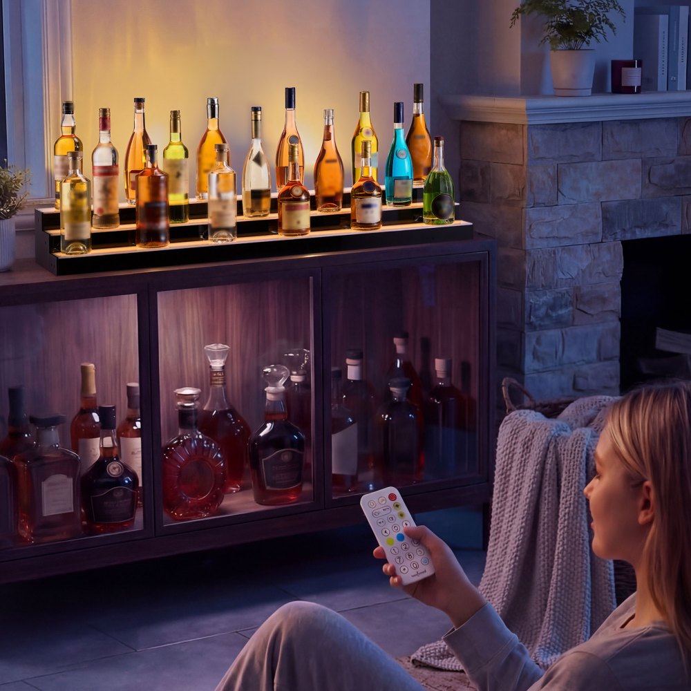 VEVOR LED Lighted Liquor Bottle Display, 3 Tiers 48 inches, Acrylic Illuminated Home Bar Shelf Display with RF Remote & App Control, DIY Setup with Type-C Cables, 9 Static Colors, for 36-48 Bottles