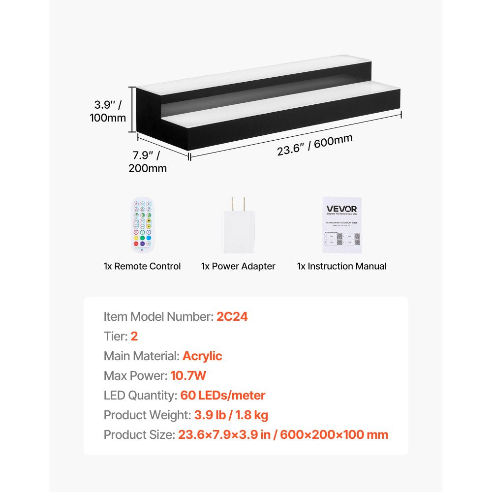 VEVOR LED Lighted Liquor Bottle Display, 2 Tiers 24 inches, Supports USB, Acrylic Illuminated Home Bar Shelf Display with RF Remote & App Control, 9 Static Colors, Timing Mode, for 12-16 Bottles