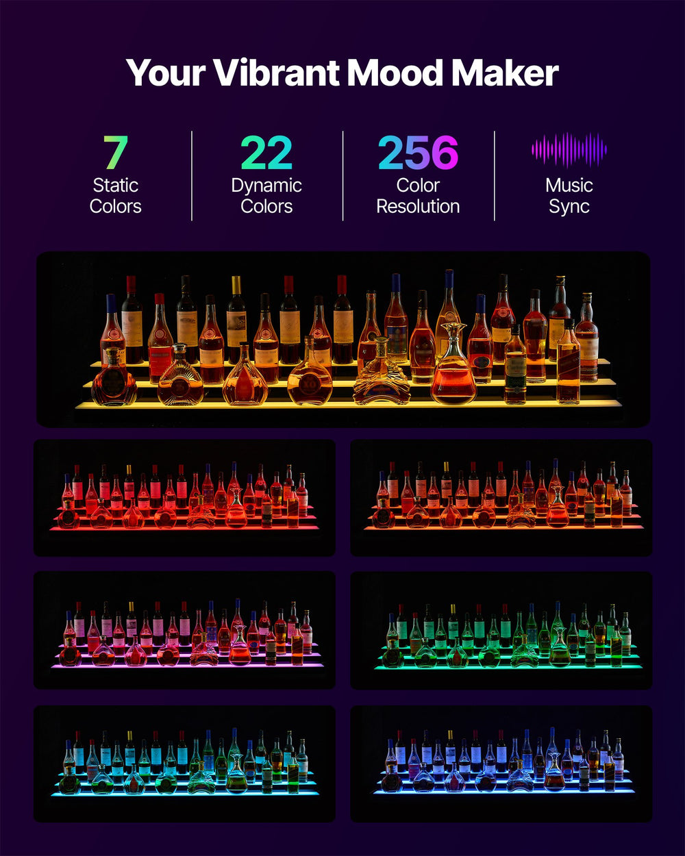 Lighting modes overview: 7 static colors, 22 dynamic colors, 256 color resolution, music sync