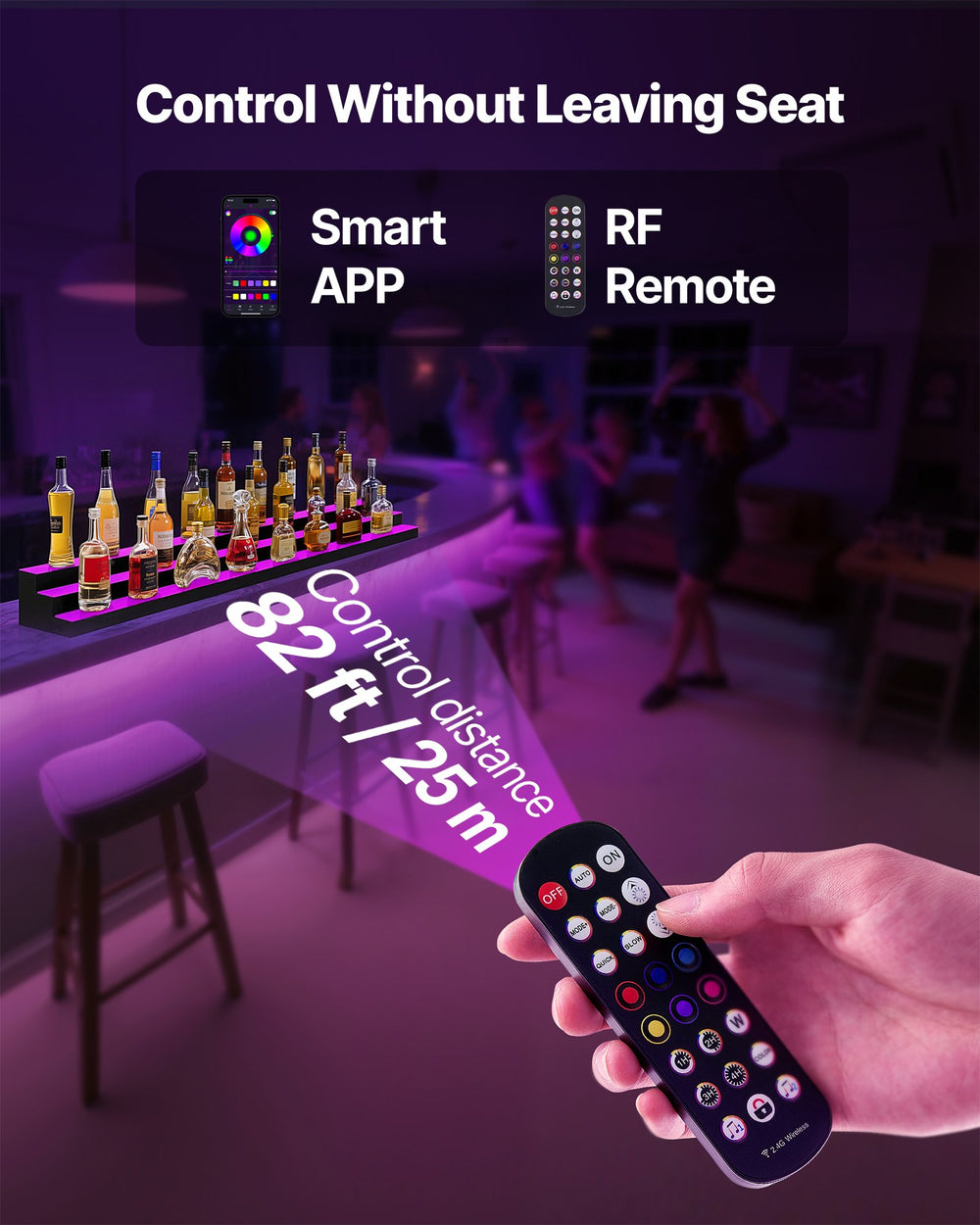 Control methods: smart app and RF remote with up to 82 ft control distance