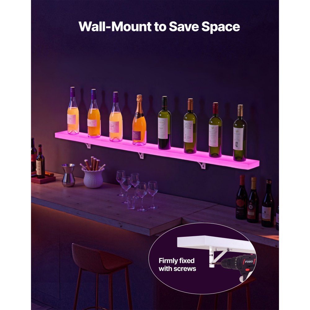 VEVOR LED Lighted Liquor Bottle Display, 1-Tier 60 Inches Whiskey Rack, Supports USB, Illuminated Home Bar Shelf with RF Remote & App Control, 7 Static Colors, Acrylic Lighted Shelf for 15 Bottles