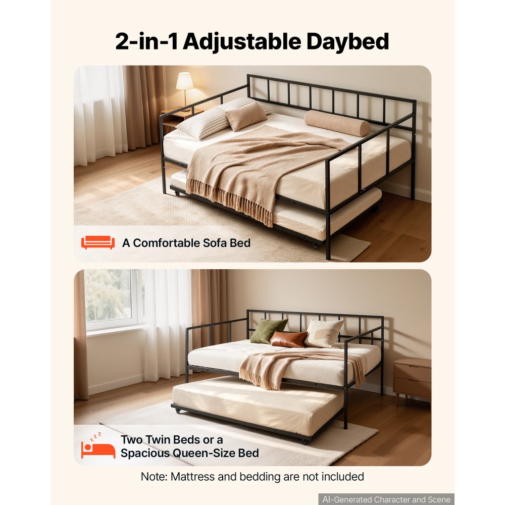 VEVOR Full Size Daybed with Pop Up Trundle Twin Size Metal Day Bed Frame, for Living Room Bedroom Guest Room, Sturdy Metal Design, Space Saving Sofa Bed, 2 Lockable Casters, Easy Assembly, Black