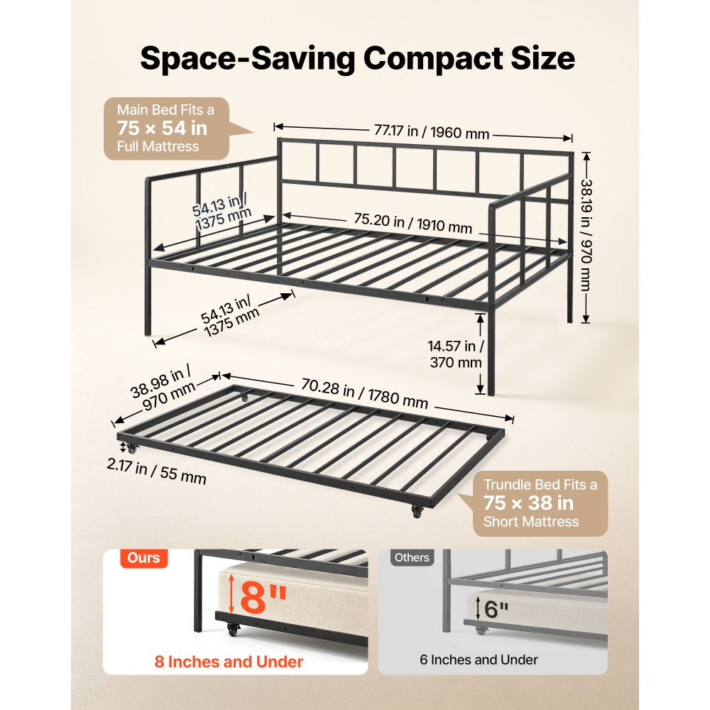 VEVOR Full Size Daybed with Pop Up Trundle Twin Size Metal Day Bed Frame, for Living Room Bedroom Guest Room, Sturdy Metal Design, Space Saving Sofa Bed, 2 Lockable Casters, Easy Assembly, Black