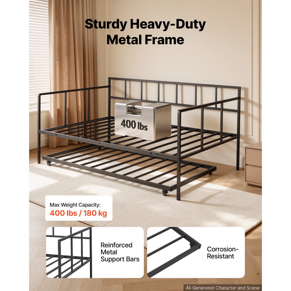 VEVOR Full Size Daybed with Pop Up Trundle Twin Size Metal Day Bed Frame, for Living Room Bedroom Guest Room, Sturdy Metal Design, Space Saving Sofa Bed, 2 Lockable Casters, Easy Assembly, Black
