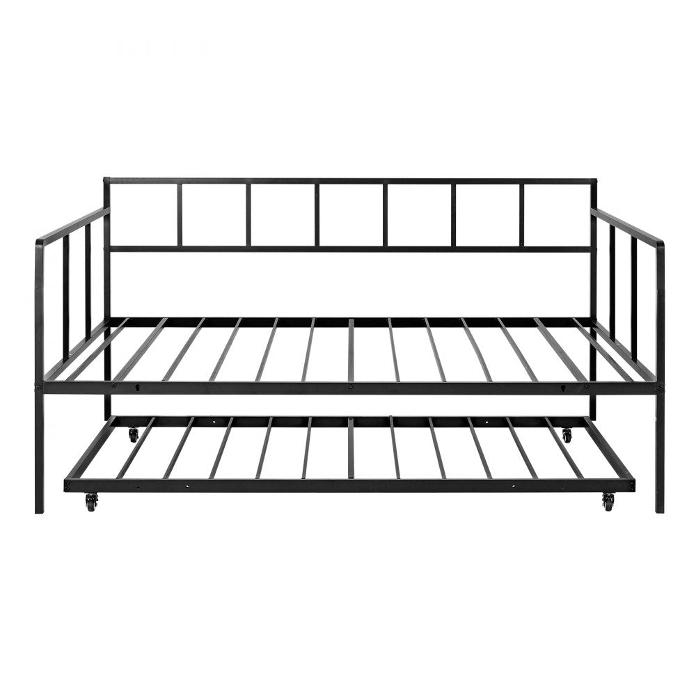 VEVOR Full Size Daybed with Pop Up Trundle Twin Size Metal Day Bed Frame, for Living Room Bedroom Guest Room, Sturdy Metal Design, Space Saving Sofa Bed, 2 Lockable Casters, Easy Assembly, Black