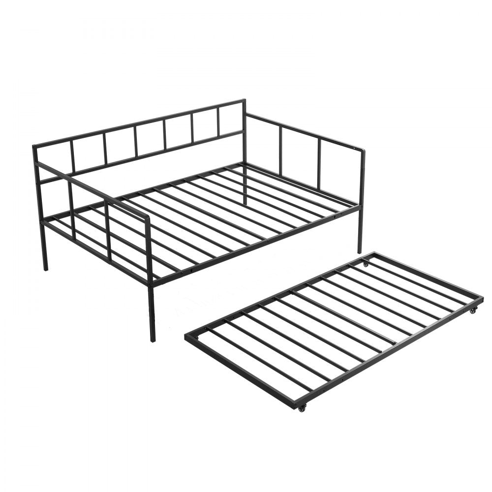 VEVOR Full Size Daybed with Pop Up Trundle Twin Size Metal Day Bed Frame, for Living Room Bedroom Guest Room, Sturdy Metal Design, Space Saving Sofa Bed, 2 Lockable Casters, Easy Assembly, Black