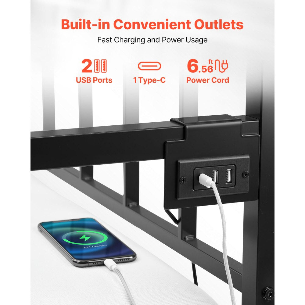 VEVOR Twin Size Daybed Frame, Height Adjustable Day Bed with Trundle, Heavy Duty Metal Platform Bed Frame with LED Light and Charging Station, Twin Daybed with Metal Slats for Living Room, Bedroom