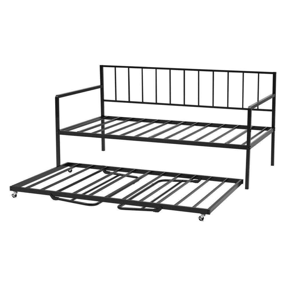 VEVOR Twin Size Daybed Frame, Height Adjustable Day Bed with Trundle, Heavy Duty Metal Platform Bed Frame with LED Light and Charging Station, Twin Daybed with Metal Slats for Living Room, Bedroom