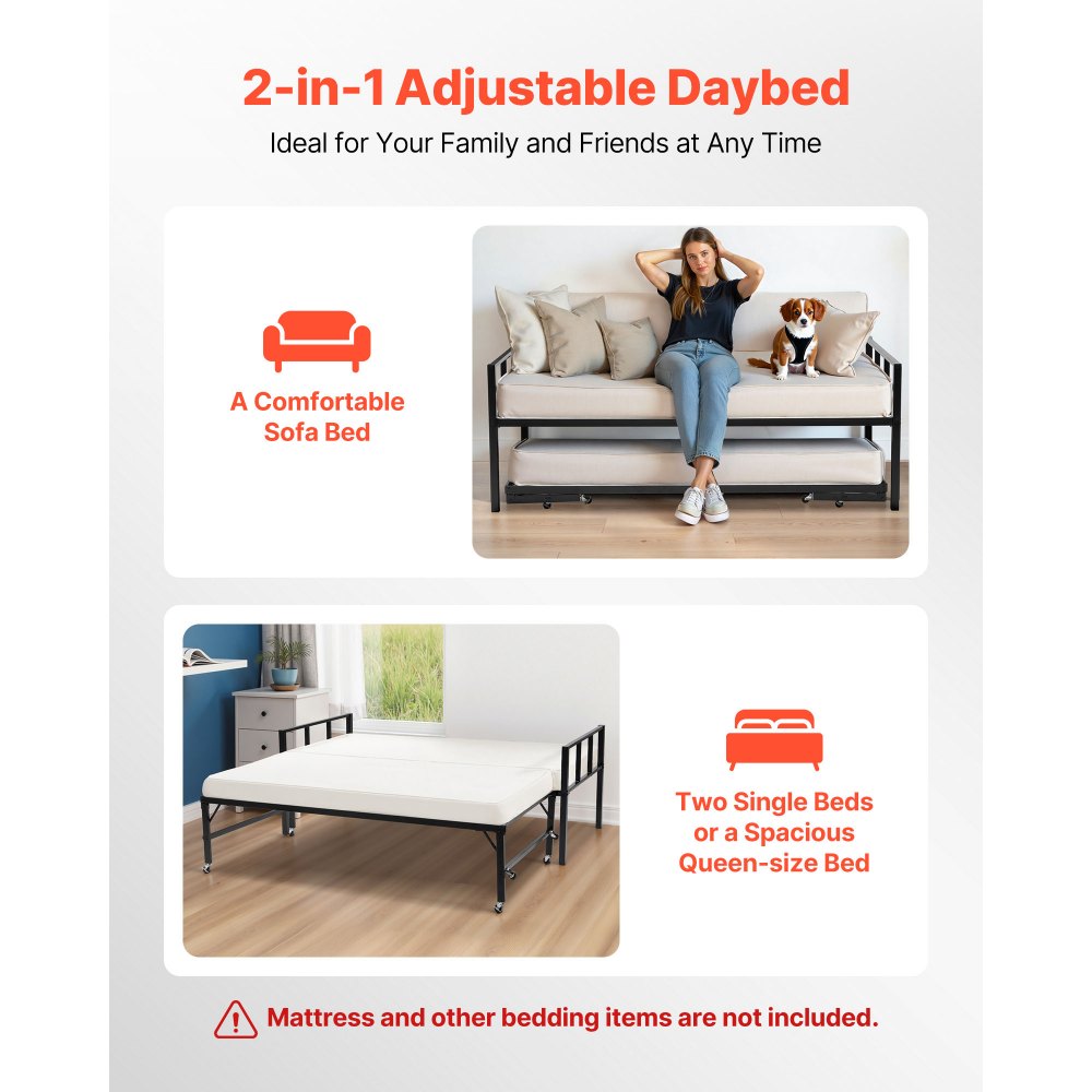 VEVOR Twin Size Daybed Frame, Day Bed with Trundle, Heavy Duty Metal Platform Bed Frame, Twin Daybed with Metal Slats Support for Living Room, Bedroom, Guest Room, Easy Assembly, Black