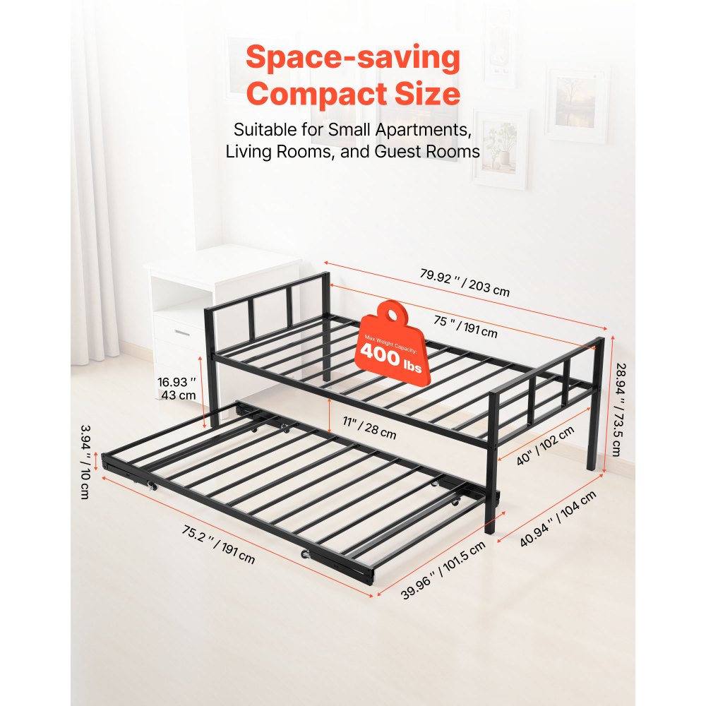 VEVOR Twin Size Daybed Frame, Day Bed with Trundle, Heavy Duty Metal Platform Bed Frame, Twin Daybed with Metal Slats Support for Living Room, Bedroom, Guest Room, Easy Assembly, Black