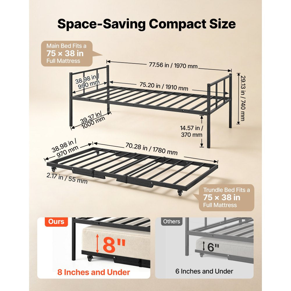 VEVOR Twin Daybed with Pop Up Trundle Metal Twin Daybed Frame Rectangular, for Living Room Bedroom Guest Room, Space Saving, Heavy-Duty Metal Sofa Bed Support, 2 Lockable Casters, Easy Assembly, Black