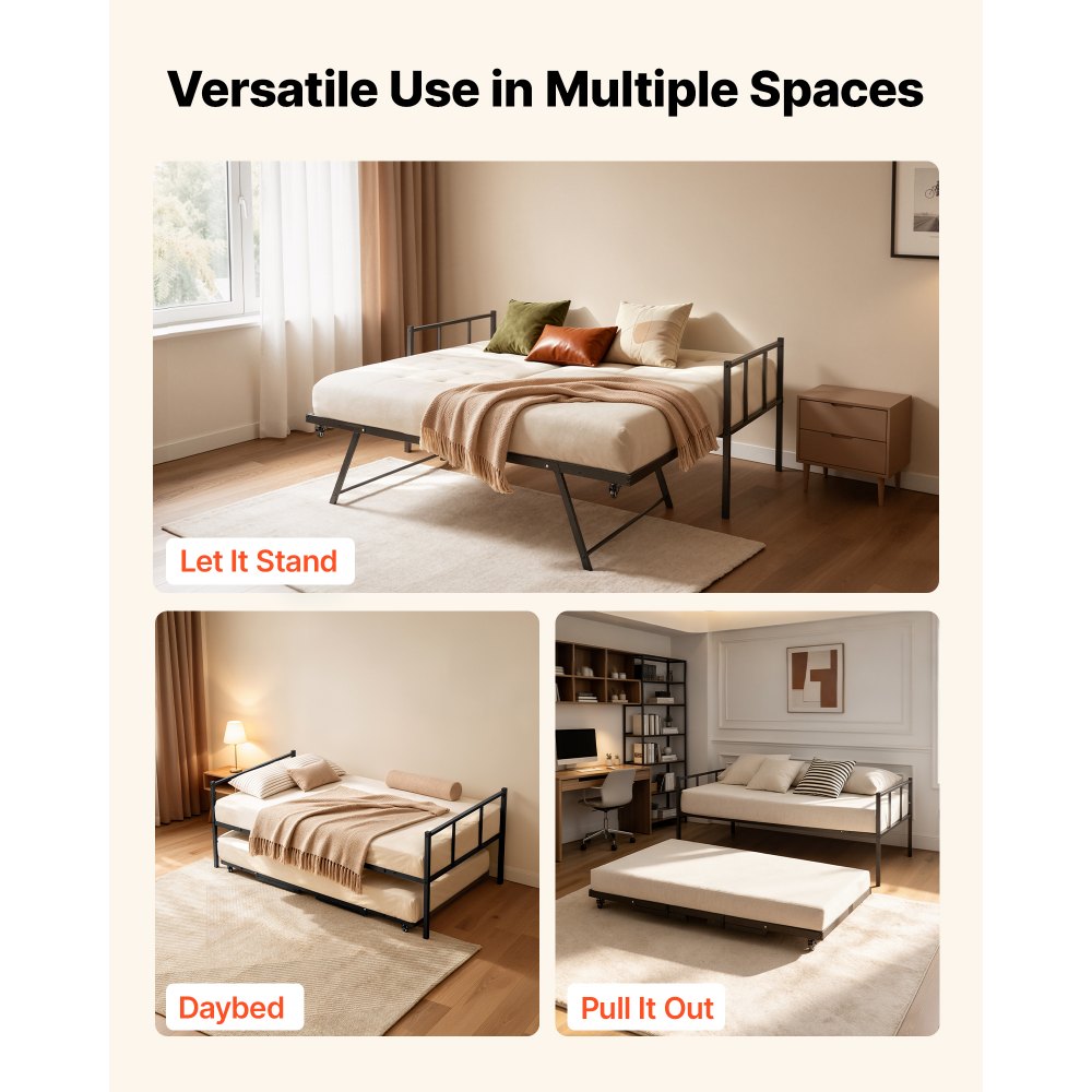 VEVOR Twin Daybed with Pop Up Trundle Metal Twin Daybed Frame Rectangular, for Living Room Bedroom Guest Room, Space Saving, Heavy-Duty Metal Sofa Bed Support, 2 Lockable Casters, Easy Assembly, Black