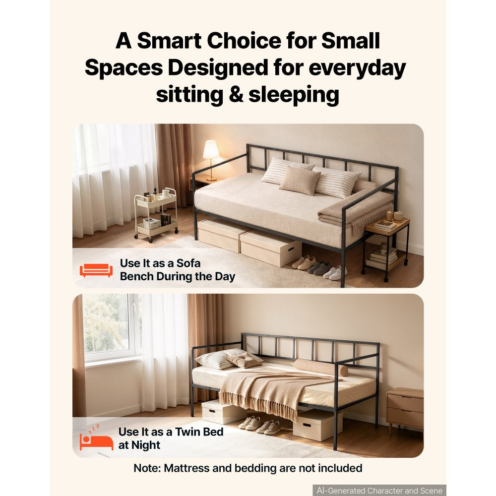 VEVOR Twin Daybed Metal Twin Size Day Bed Frame with Under-Bed Storage, for Living Room Bedroom Guest Room, Space Saving, Heavy-Duty Metal Sofa Bed Support, Easy Assembly, Without Trundle, Black