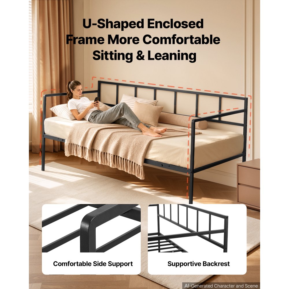 VEVOR Twin Daybed Metal Twin Size Day Bed Frame with Under-Bed Storage, for Living Room Bedroom Guest Room, Space Saving, Heavy-Duty Metal Sofa Bed Support, Easy Assembly, Without Trundle, Black