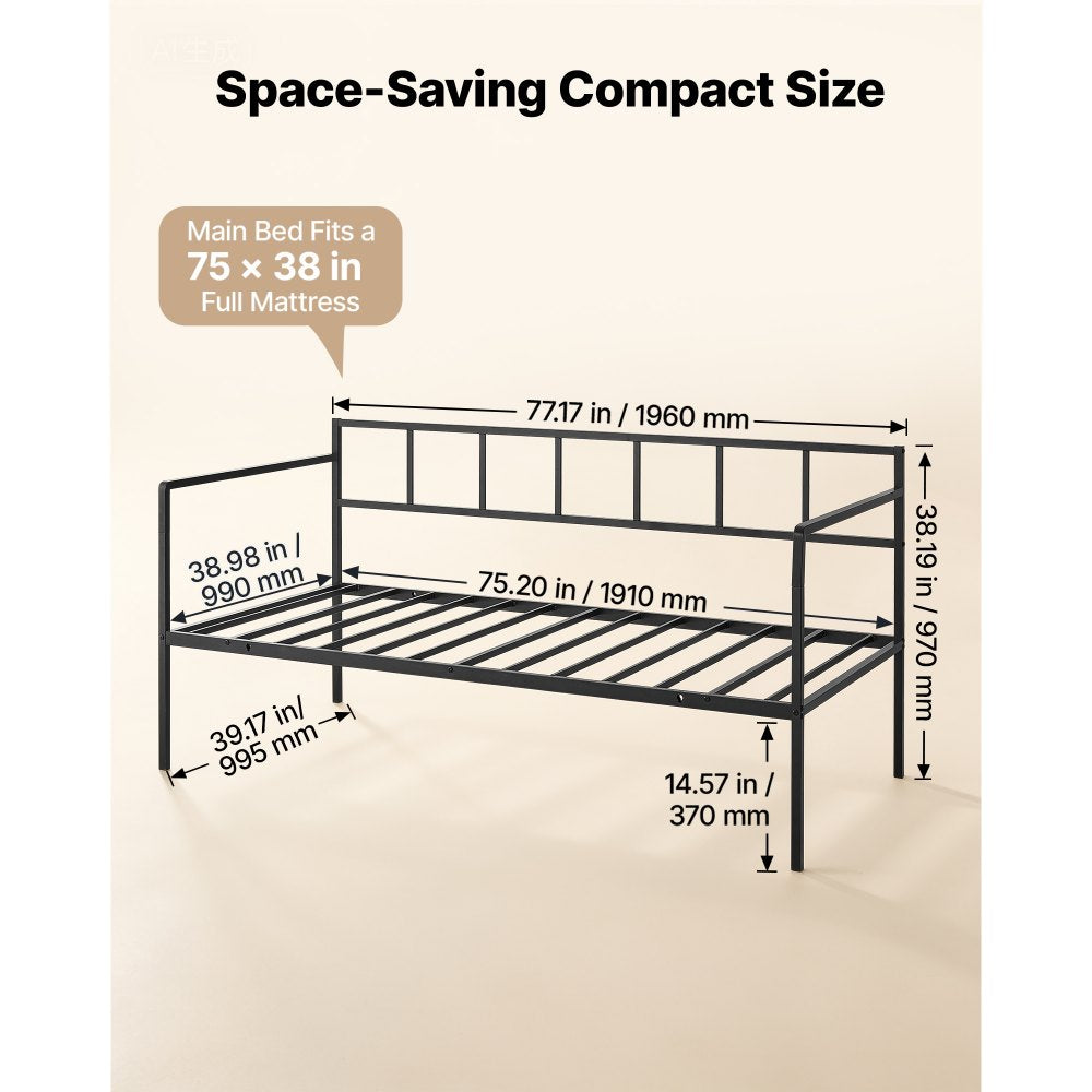 VEVOR Twin Daybed Metal Twin Size Day Bed Frame with Under-Bed Storage, for Living Room Bedroom Guest Room, Space Saving, Heavy-Duty Metal Sofa Bed Support, Easy Assembly, Without Trundle, Black