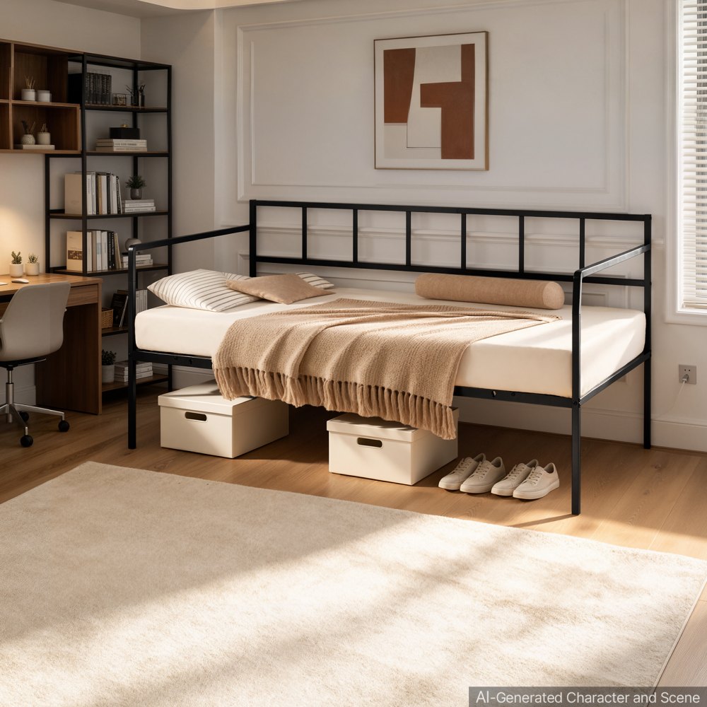 VEVOR Twin Daybed Metal Twin Size Day Bed Frame with Under-Bed Storage, for Living Room Bedroom Guest Room, Space Saving, Heavy-Duty Metal Sofa Bed Support, Easy Assembly, Without Trundle, Black