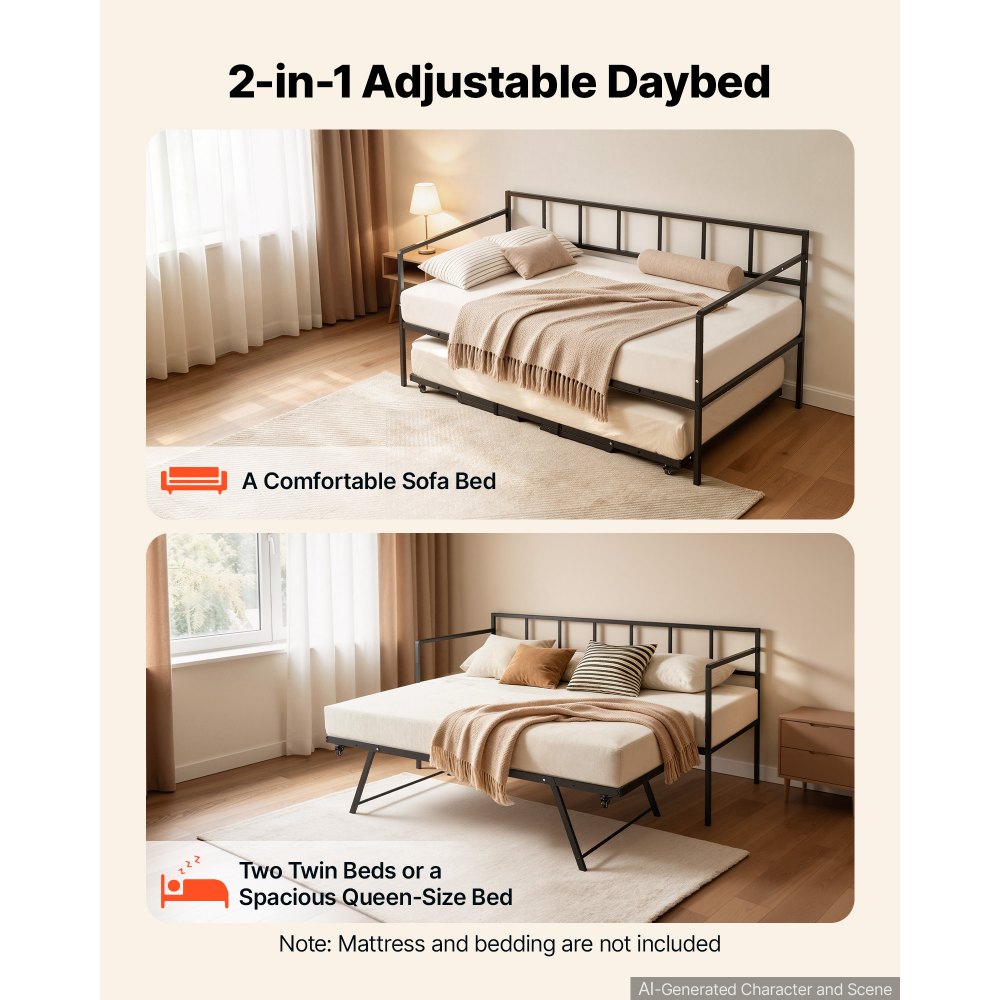 VEVOR Twin Daybed with Pop Up Trundle Metal Twin Day Bed Frame Pull Out, for Living Room Bedroom Guest Room, Space Saving, Heavy-Duty Metal Sofa Bed Support, Lockable Casters, Easy Assembly, Black