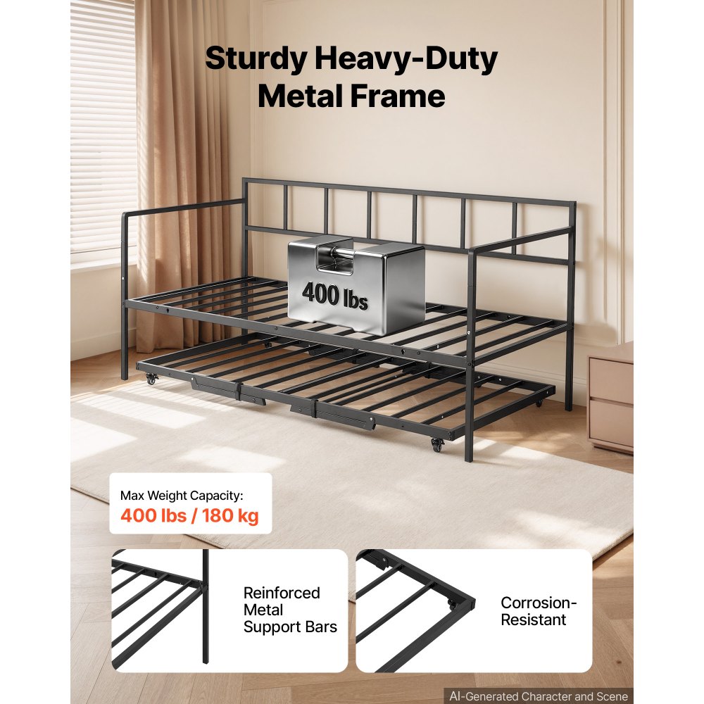 VEVOR Twin Daybed with Pop Up Trundle Metal Twin Day Bed Frame Pull Out, for Living Room Bedroom Guest Room, Space Saving, Heavy-Duty Metal Sofa Bed Support, Lockable Casters, Easy Assembly, Black