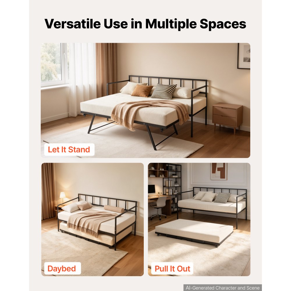 VEVOR Twin Daybed with Pop Up Trundle Metal Twin Day Bed Frame Pull Out, for Living Room Bedroom Guest Room, Space Saving, Heavy-Duty Metal Sofa Bed Support, Lockable Casters, Easy Assembly, Black