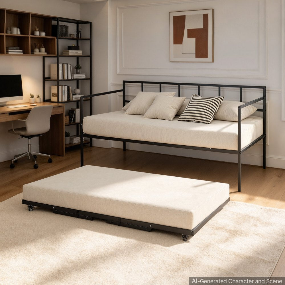 VEVOR Twin Daybed with Pop Up Trundle Metal Twin Day Bed Frame Pull Out, for Living Room Bedroom Guest Room, Space Saving, Heavy-Duty Metal Sofa Bed Support, Lockable Casters, Easy Assembly, Black