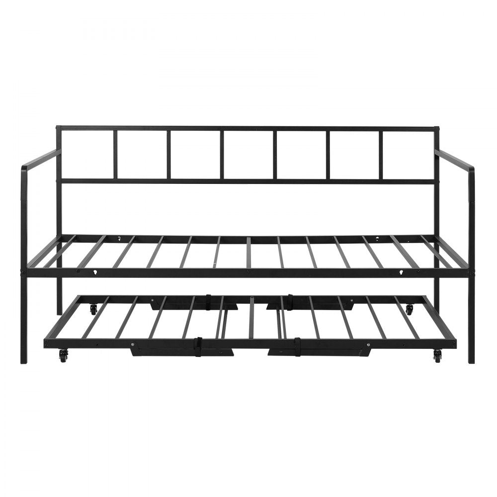 VEVOR Twin Daybed with Pop Up Trundle Metal Twin Day Bed Frame Pull Out, for Living Room Bedroom Guest Room, Space Saving, Heavy-Duty Metal Sofa Bed Support, Lockable Casters, Easy Assembly, Black