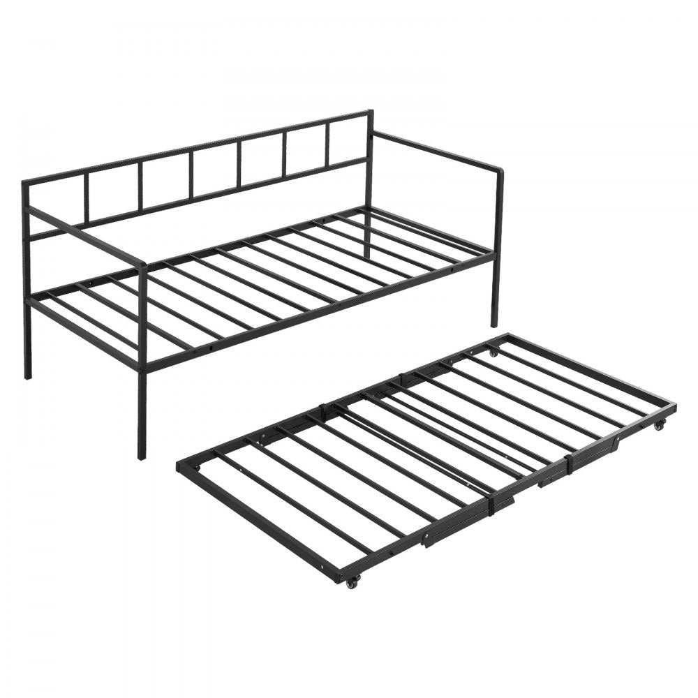 VEVOR Twin Daybed with Pop Up Trundle Metal Twin Day Bed Frame Pull Out, for Living Room Bedroom Guest Room, Space Saving, Heavy-Duty Metal Sofa Bed Support, Lockable Casters, Easy Assembly, Black