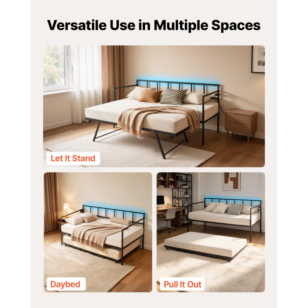 VEVOR Twin Daybed with Pop Up Trundle Metal Charging Station LED Light, for Living Room Bedroom Guest Room, Heavy Duty Twin Size Sofa Day Bed Frame, Height Adjustable, with Lockable Casters, Black