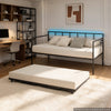 VEVOR Twin Daybed with Pop Up Trundle Metal Charging Station LED Light, for Living Room Bedroom Guest Room, Heavy Duty Twin Size Sofa Day Bed Frame, Height Adjustable, with Lockable Casters, Black